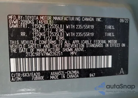 2022 Toyota Rav4 Xle Premium from USA, damaged, VIN 2T3C1RFV7NW226251